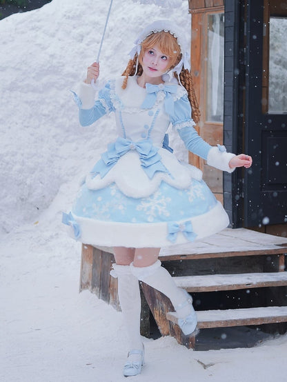 Dress Detachable - Winter OP Snowflake Set Sleeves Headpieces Print + Sweet Lolita Full Bows