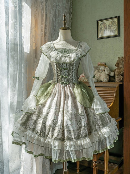 Lace Sleeves Dress Teacup and Rabbit Print Trimmings Lolita Long Green with