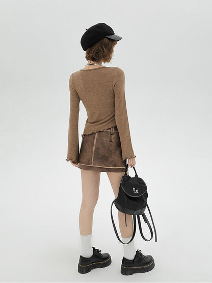 Brown Ruffle Trim Long Sleeve T-Shirt with Lace-up Details - Girlyhalo