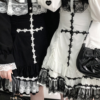 Skirt Rose Cross Landmine White/Black/Pink Embroidery Jirai Hem High Style Kei Lace Waist