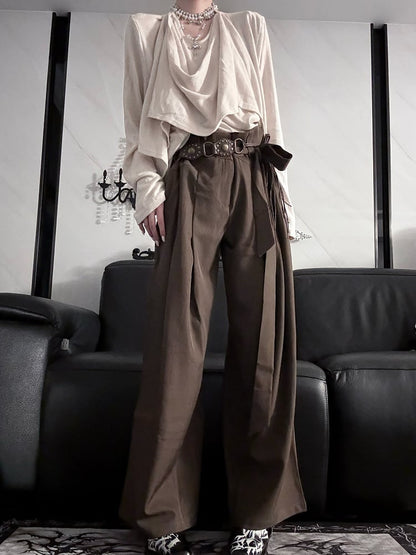Self-tie Pants Prince Belt with Brown/Gray Wide-leg