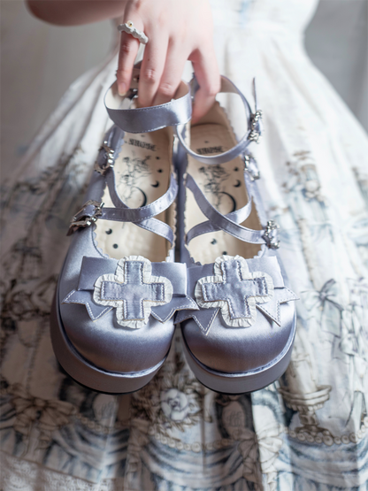 Straps Silver Buckle with Shoes Platform Balletcore Satin Gothic Heel Elegance 6cm Criss-cross Chunky