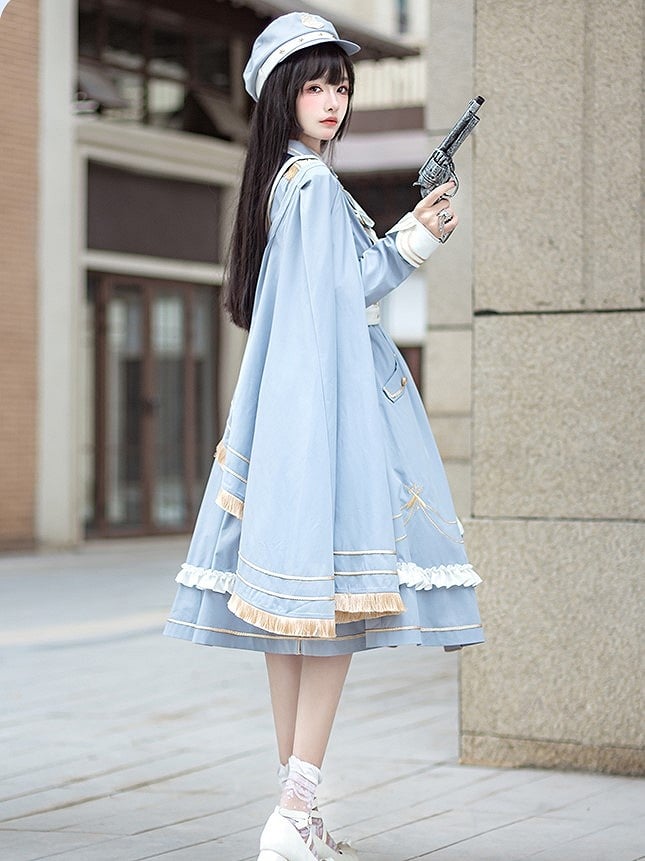 Lolita Details Blue Fringe Military Cape Shoulder One Golden with Trim