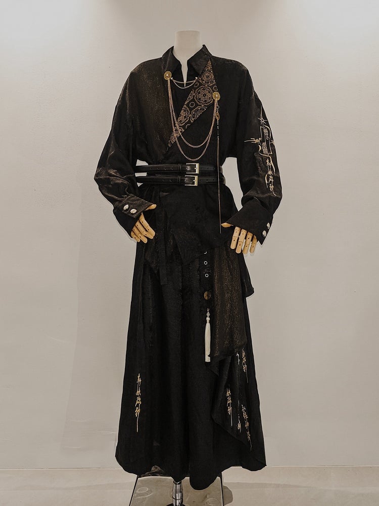 Gothic Chinoiserie Lolita Long Sleeve Blouse and Wide Pants Ensemble - YING YUE