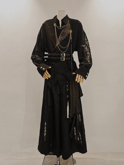 Gothic Chinoiserie Lolita Long Sleeve Blouse and Wide Pants Ensemble - YING YUE