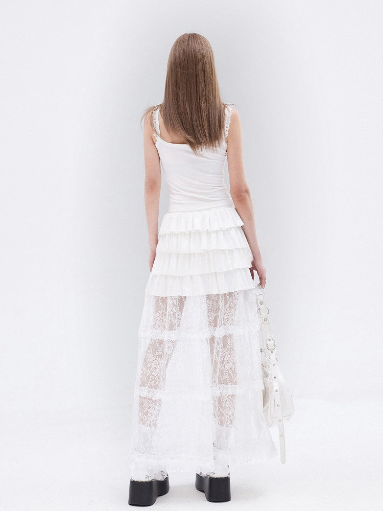 ホワイトレースフリル裾ティアードロングスカート