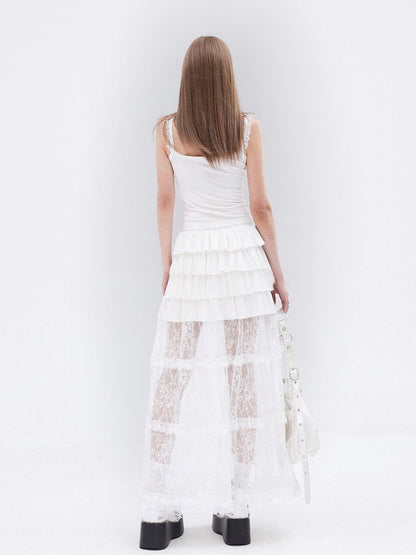 ホワイトレースフリル裾ティアードロングスカート