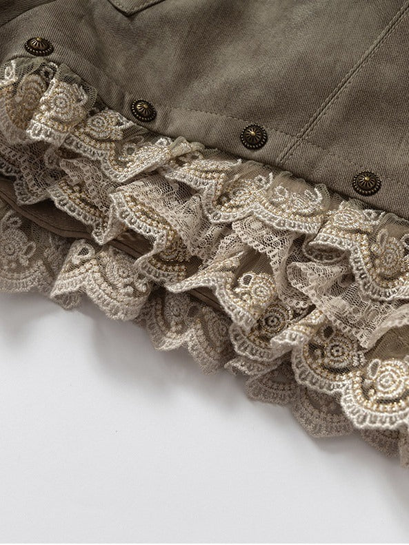 Khaki Faux Leather Shorts with Lace Trimmed Hems - NO ROMANCE
