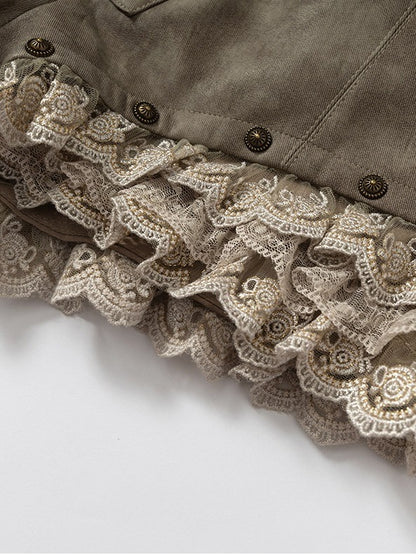 Khaki Faux Leather Shorts with Lace Trimmed Hems - NO ROMANCE