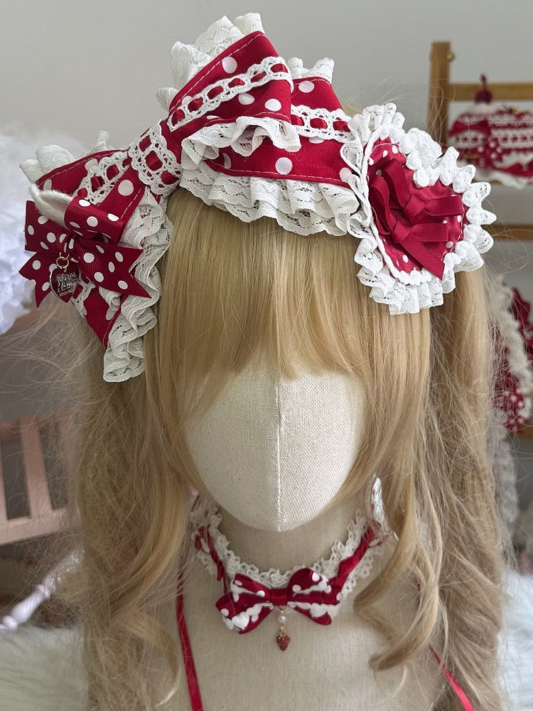 Red Polka-dot Heart-Shaped Trim Lace Hairclip/Brooch Bow