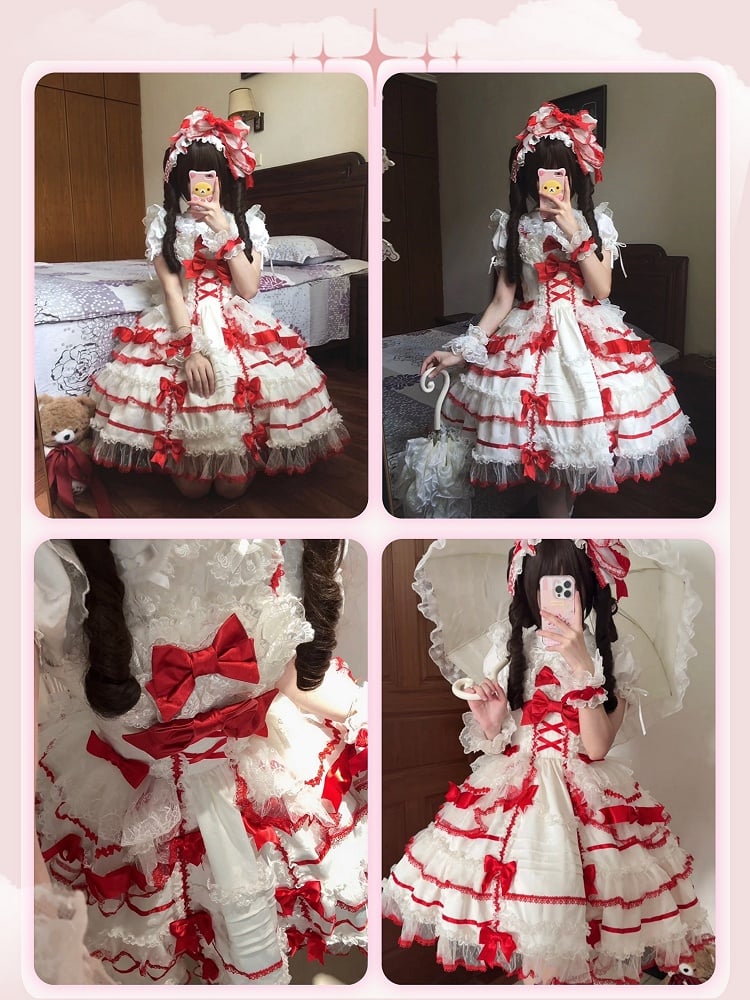 Rock Schleife Süße Prinzessin Akzente Rot Lolita Weiß und Pullover
