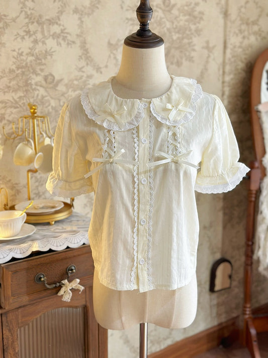 Beige Sweet Peter Pan Collar Short Sleeve Cotton Blouse Lolita - Jelly Girl