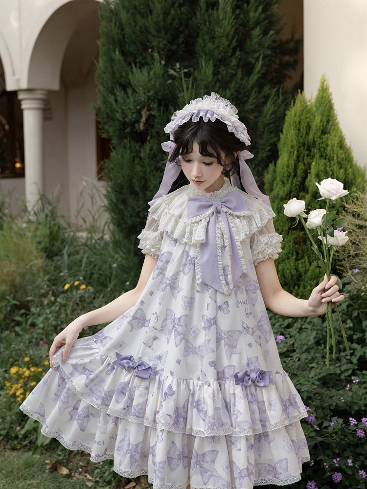 Purple Big Bowknot on Neckline Bows Print Double Layered Lolita Dress