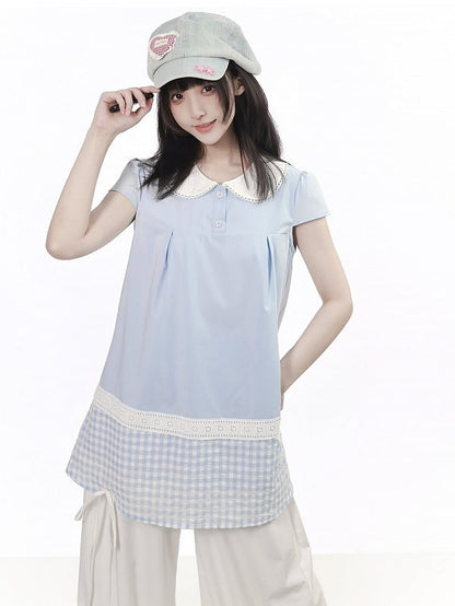 Blue Gingham Peter Pan Collar Blouse - PINK SAVIOR