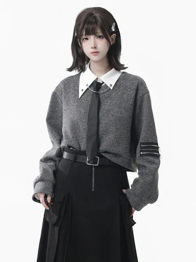 with Accents Sweatshirt Zip Gray V-Neckline Dual