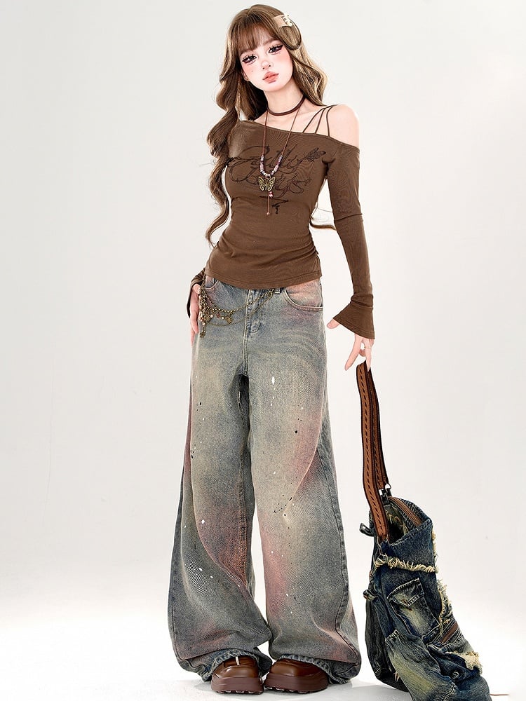 Kaffee/Aprikose Buchstaben Asymmetrischer Ausschnitt Top Geraffte Taille