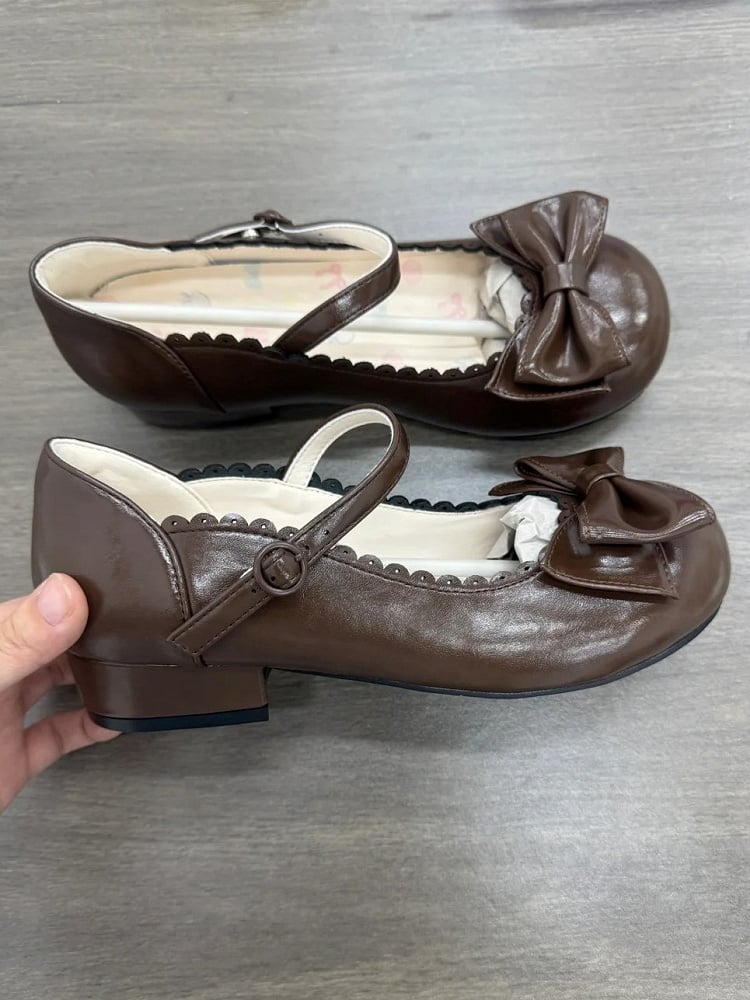 Sweet Lolita Round Closure Shoes Brown Heeled 3cm Mary with Jane Toe Circle Snap