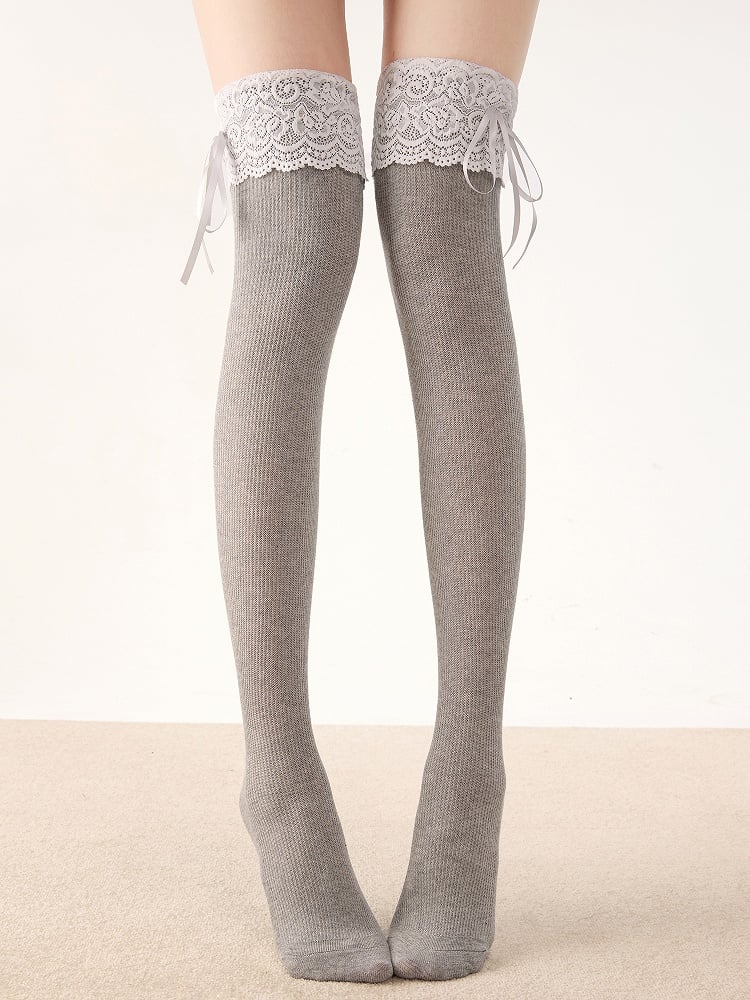 Knee Bow Stockings Ribbon Lolita Lace 7 with Colors Over Trim