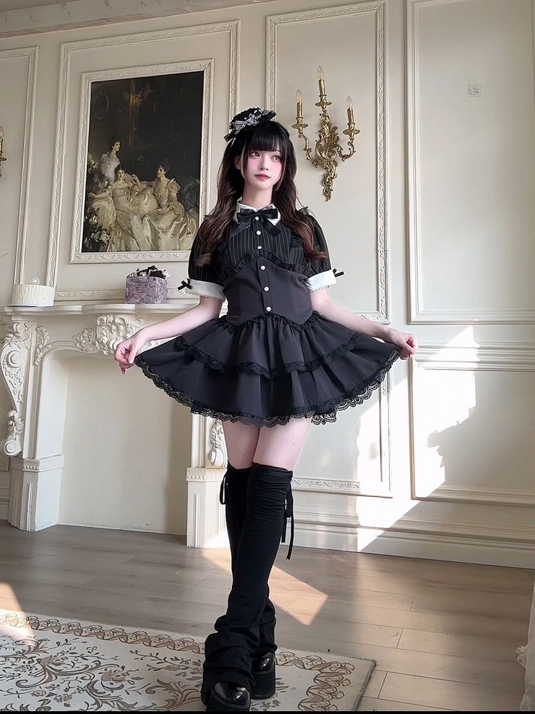 Shorts, Faux-Zweiteiler und Kleid, mehrlagiger Kei-Rock, Spitze, schwarzer Jirai-Streifen-Set – Besatz