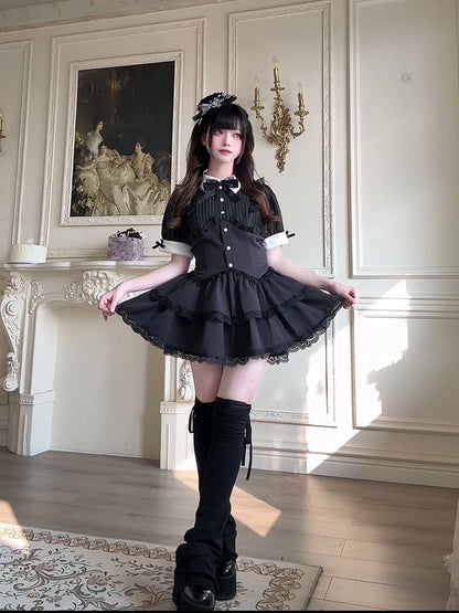 Shorts, Faux-Zweiteiler und Kleid, mehrlagiger Kei-Rock, Spitze, schwarzer Jirai-Streifen-Set – Besatz