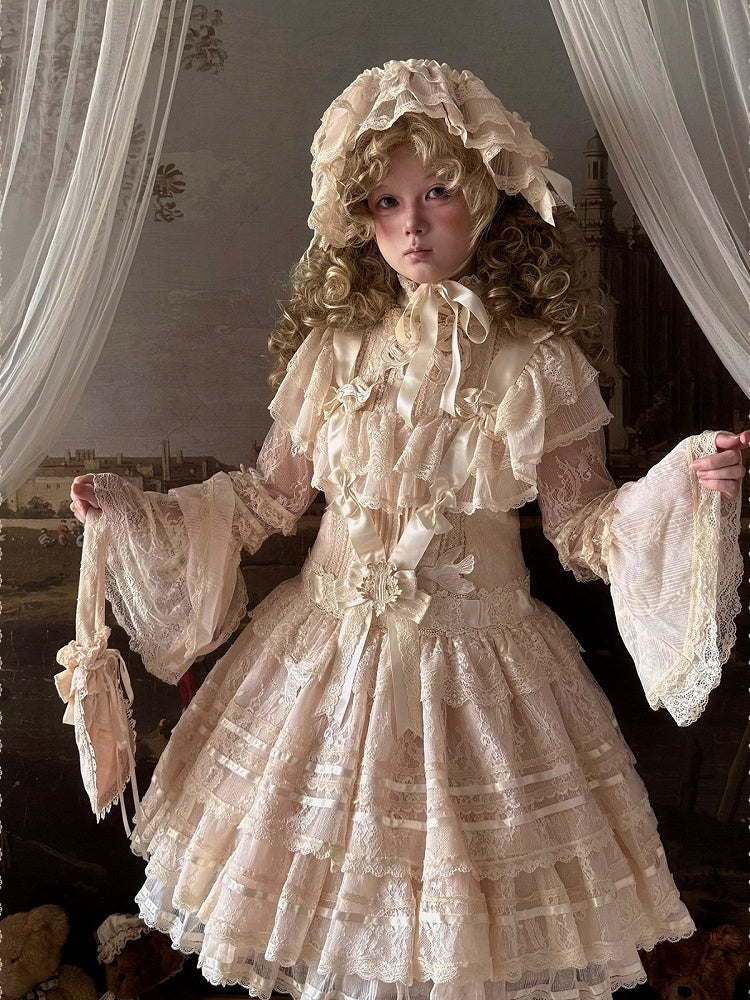 Beige Lace Bell Sleeve Blouse with Stand Collar Accent - Twin Bear Original Design