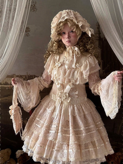 Beige Lace Bell Sleeve Blouse with Stand Collar Accent - Twin Bear Original Design