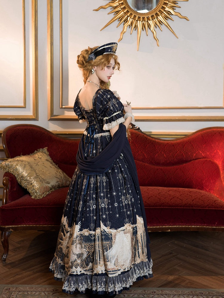Kleid Empire Print Kette Taille Einhorn mit Perlen Sternen Lolita Blau Dunkel Nacht
