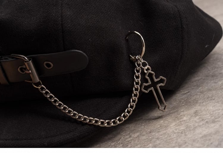 Gothic Beret Chain Buckle with Black Handmade PU Cross