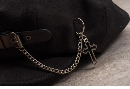 Gothic Beret Chain Buckle with Black Handmade PU Cross