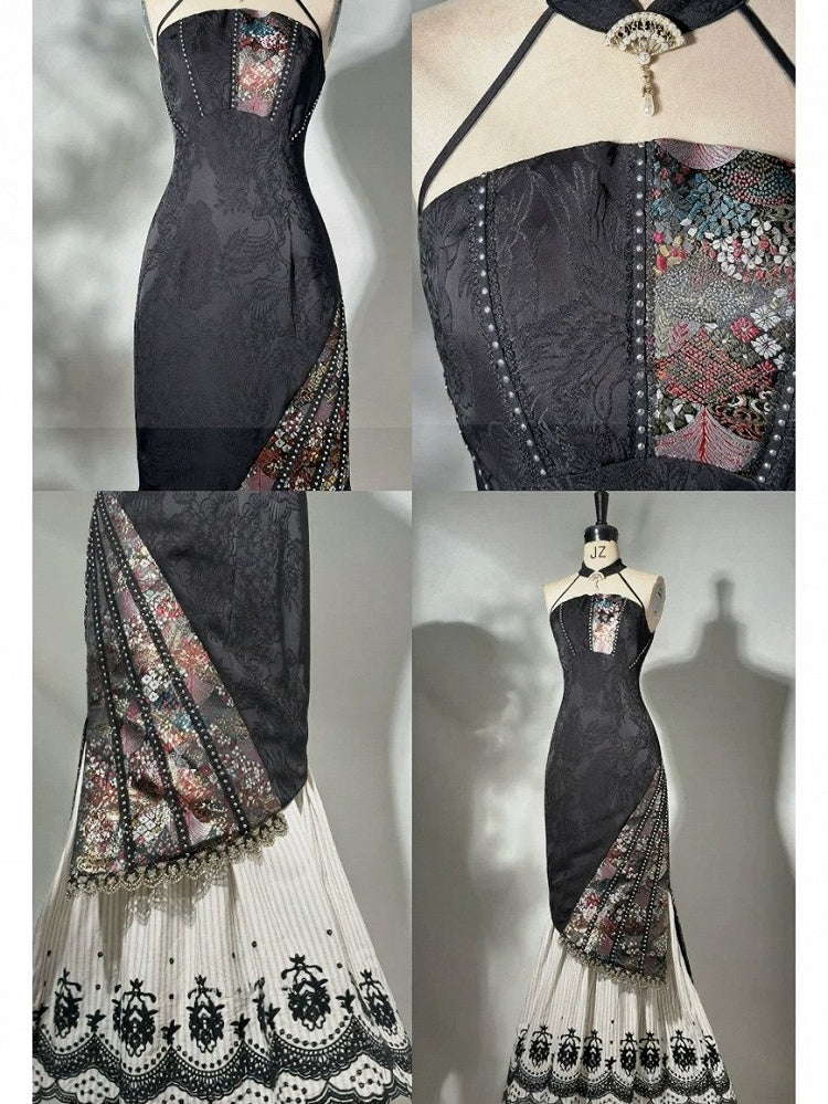 Vintage Halter Neck Lace Dress with Embroidery - sijinstudio