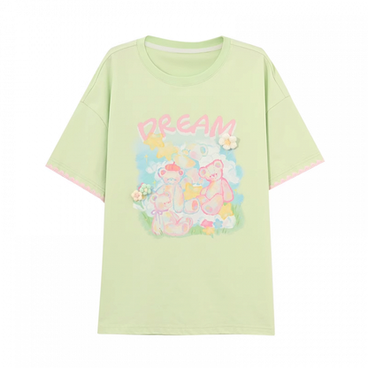 Accents Green Round Neck Teddy Bear Print Knit Loose T-shirt Floral