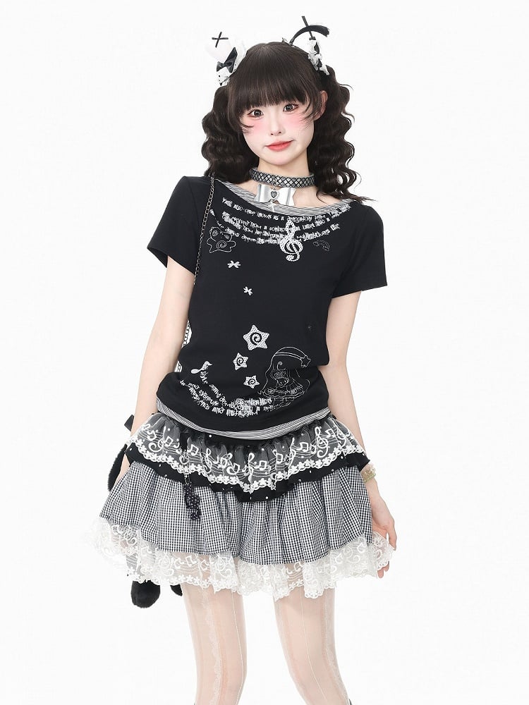 Black Y2K Fake Two-Piece Short Sleeve Tee with Cartoon Print - Languid Park