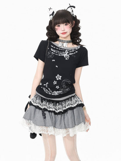 Black Y2K Fake Two-Piece Short Sleeve Tee with Cartoon Print - Languid Park
