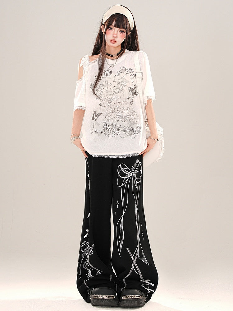 White Cutout Shoulder Lace Trim Loose Graphic T-shirt