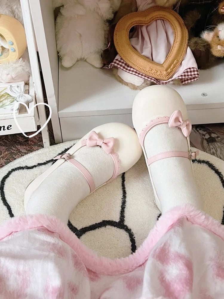 Shoes Bow Buckle Circle Lolita Beige Flat Pink with Toe Round Detachable Sweet
