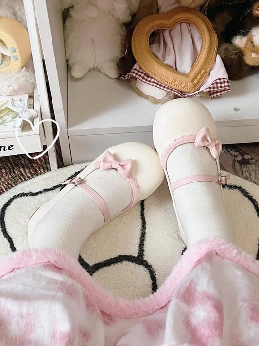 Shoes Bow Buckle Circle Lolita Beige Flat Pink with Toe Round Detachable Sweet