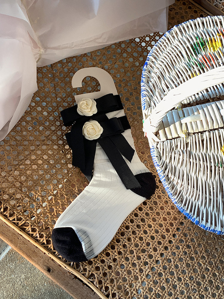 White Mid-Calf Detail Black with Camellia Socks