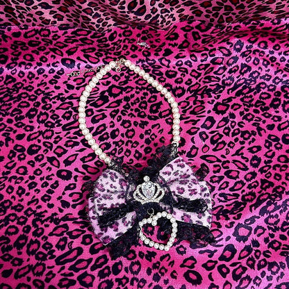 Decorations Colors Leopard 3 Print Heart Bow Gyaru Crown Beaded with Necklace
