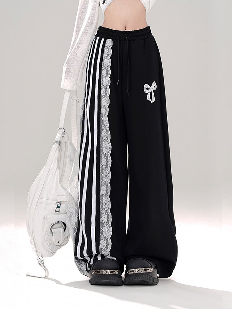Blokettecore Black/White Bowknot Wide-leg Pants Cut Print