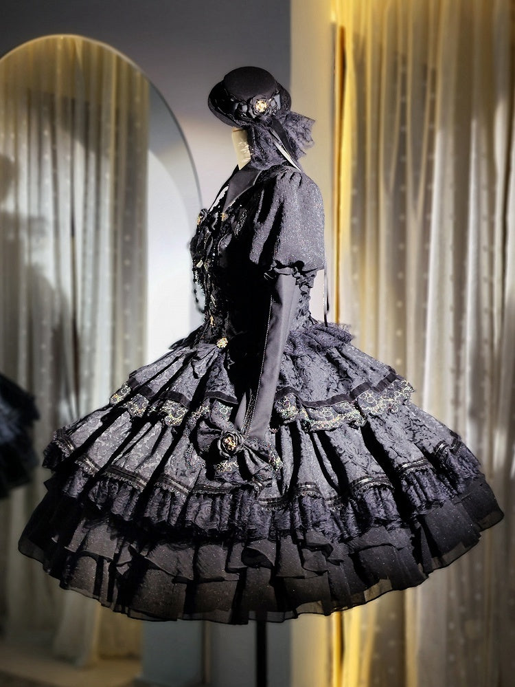 Kuro Lolita Natural Waist Princess Corset Jumper Skirt in Black, Size S - Golden Koi Forest