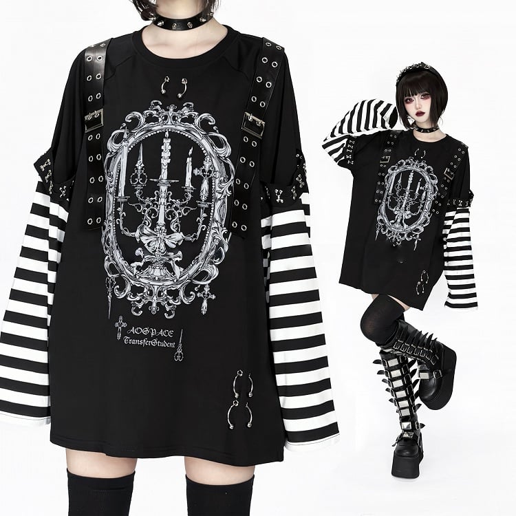 Straps Long-Sleeve White Black Decorated Printed Jirai Top Candle Punk Kei Striped Leather
