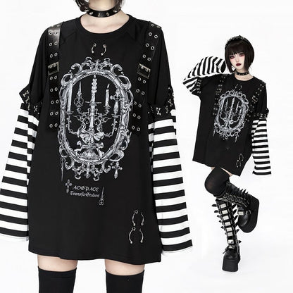 Straps Long-Sleeve White Black Decorated Printed Jirai Top Candle Punk Kei Striped Leather