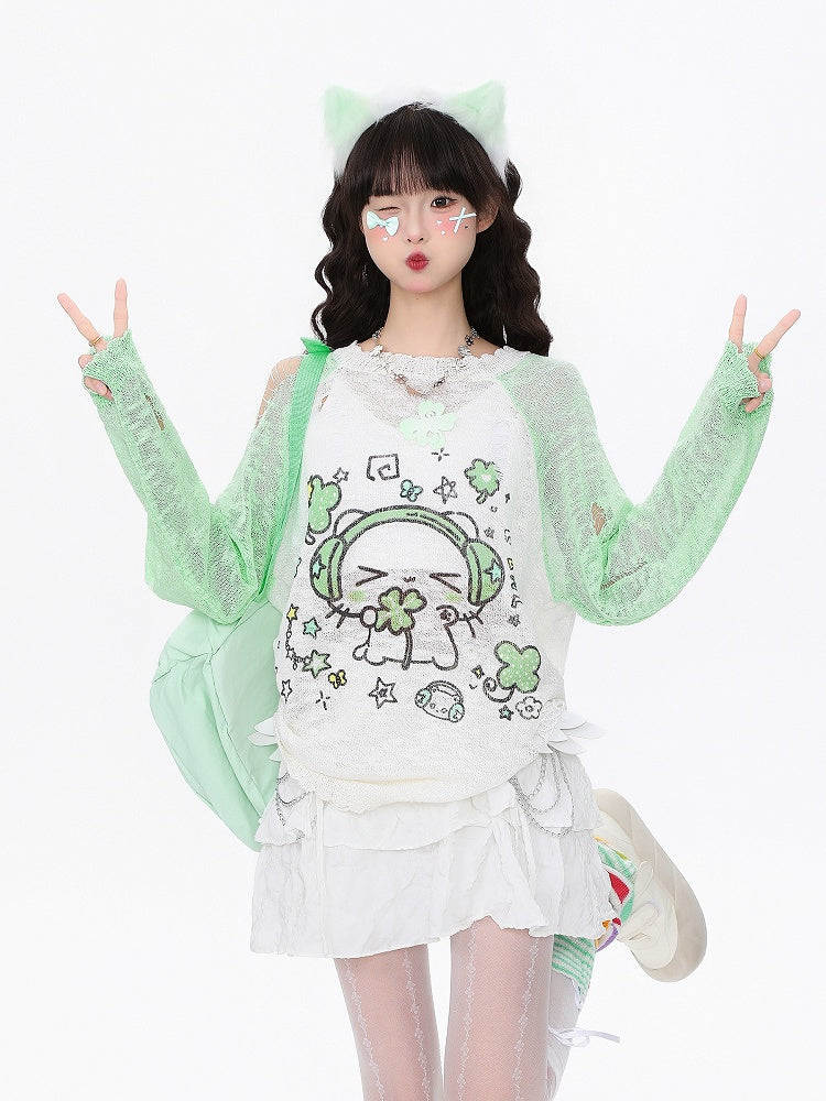 Knit Print with Distressed Semi-Sheer Kawaii Top Green Cat Holes and