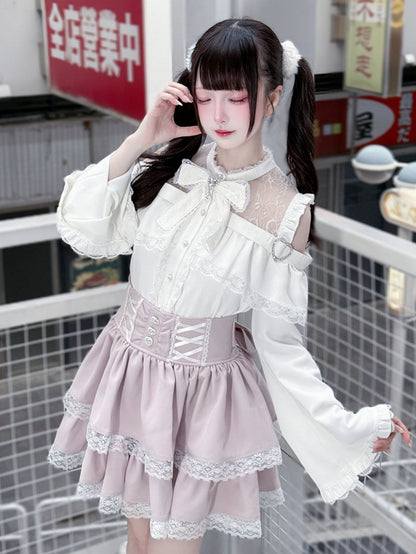 Sleeves with Shoulder Cutouts Jirai Top White Flared Outfit: Style Kei