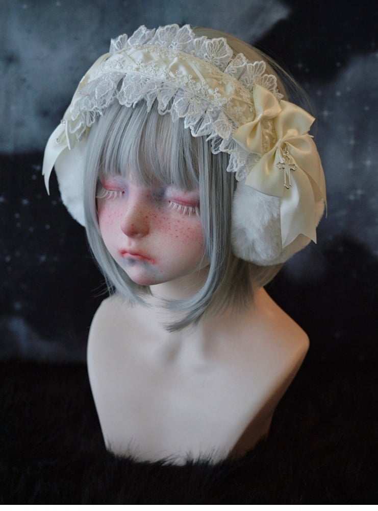 ホワイトハンドメイドのリボンクロスレーストリムプラッシュイヤーマフ