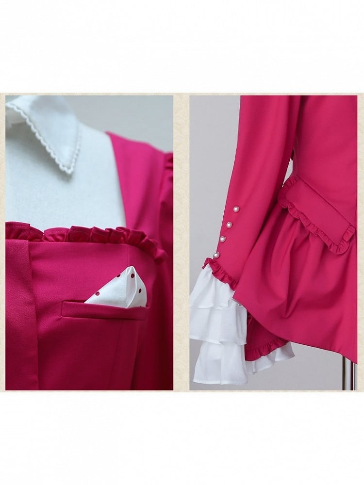 Retro Pink Blazer & Polka Dot Skirt Ensemble with Bow Accents and Detachable Collar - Charing Cross