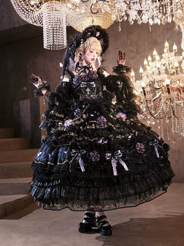 Ankle-Length Black & Purple Hanayome Hime Dress with Butterfly and Flower Accents - Cat Fairy Lolita
