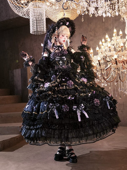 Ankle-Length Black & Purple Hanayome Hime Dress with Butterfly and Flower Accents - Cat Fairy Lolita