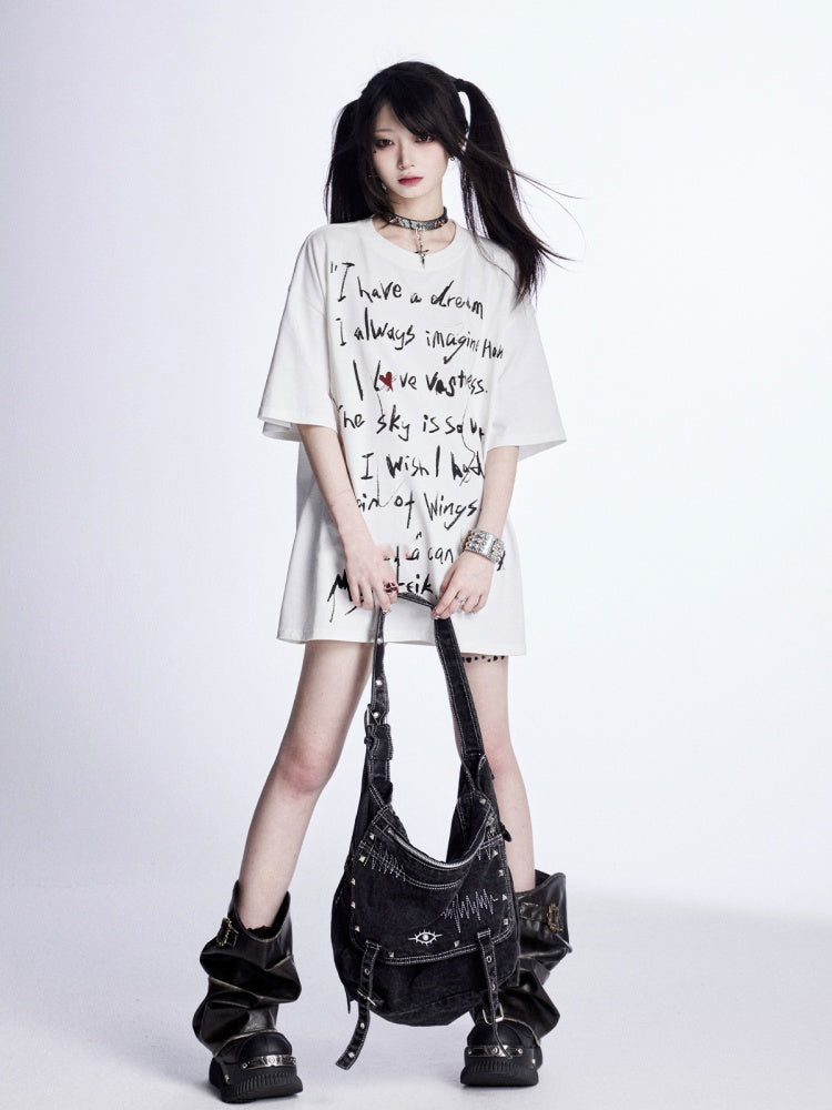 White Graffiti Letter Print Loose T-Shirt