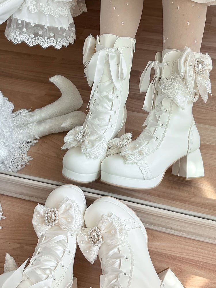 White Sweet Lolita Boots with Elegant Lacing - Sheep Puff